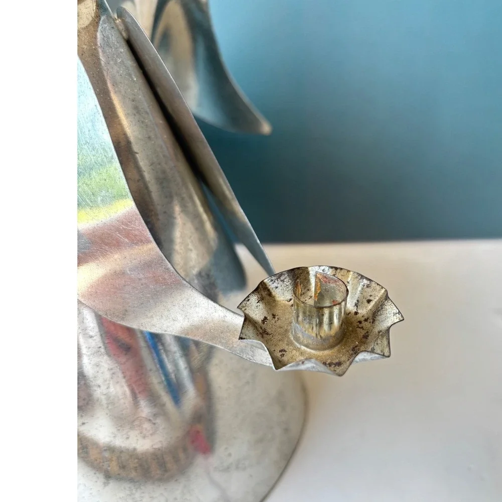 Vintage Folk Art Metal Angel Candle Holder Christmas Tree Topper Silver Tone